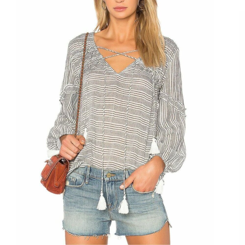Derek Lam Gray Stripe Cotton Tunic Shirt V-Neck Tassel Tie Womens 10 - Picture 2 of 10